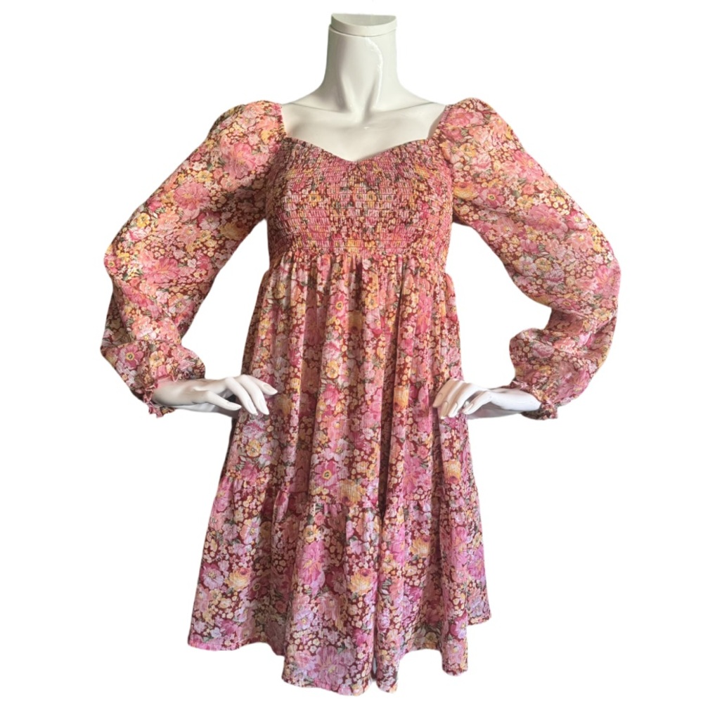 CRYSTAL DOLL Small Pink Floral Stretch Smocked Ruched Bodice Dress cottagecore